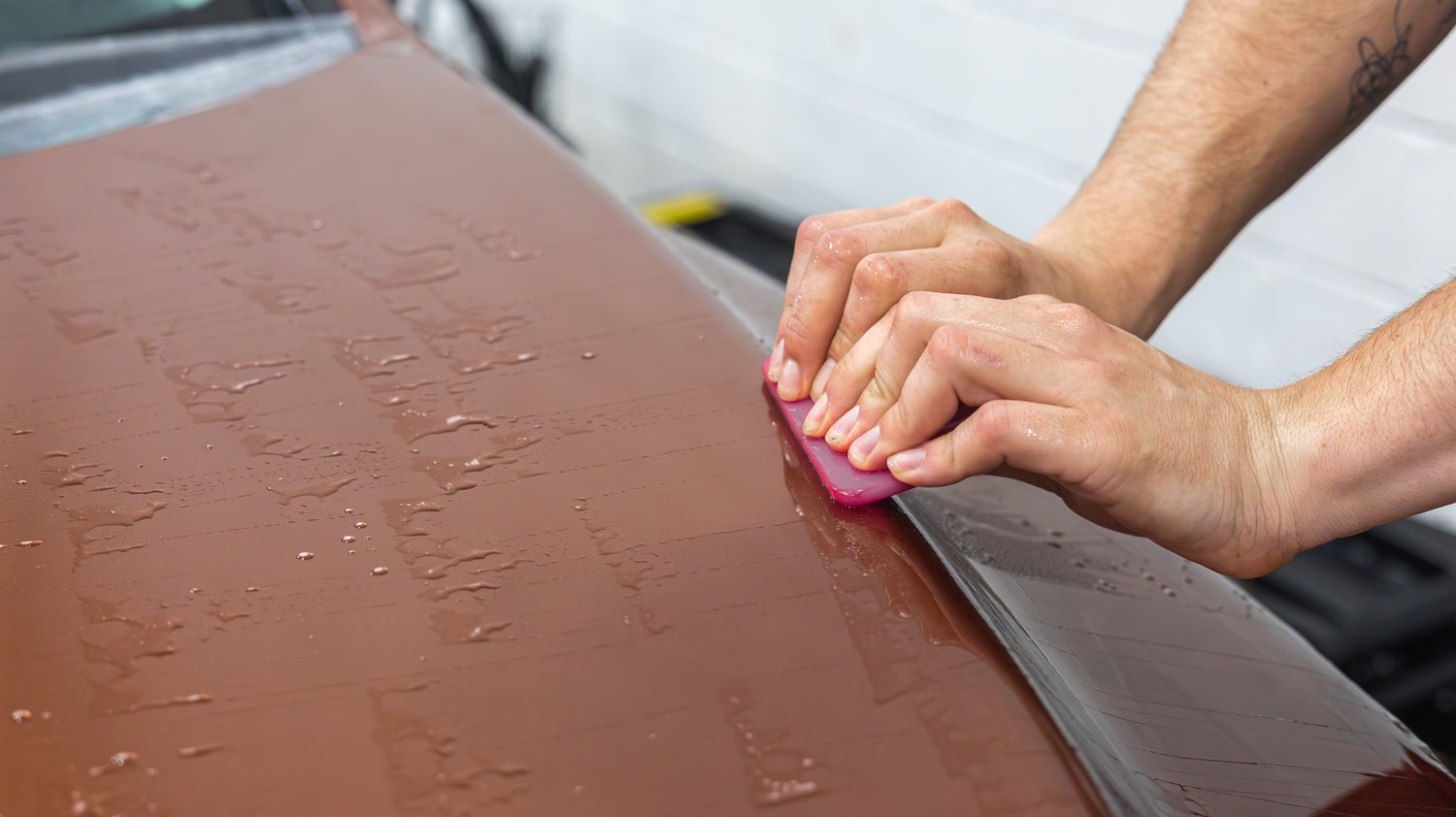 Squeegeeing PPF along the hood body line of a Lexus RX 350