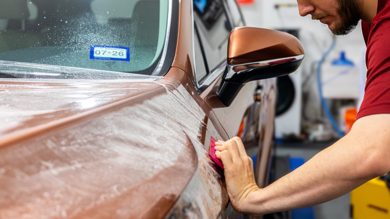 Squeegeeing PPF near the mirror of a copper Lexus RX 350