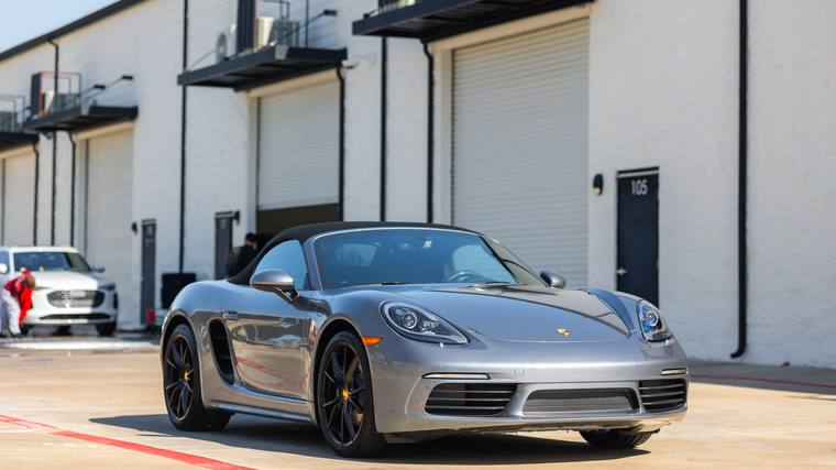 Agate Gray Porsche 718 Boxster paint protection film, ceramic coating — front three quarter at Humble Crew Auto Spa, Plano TX