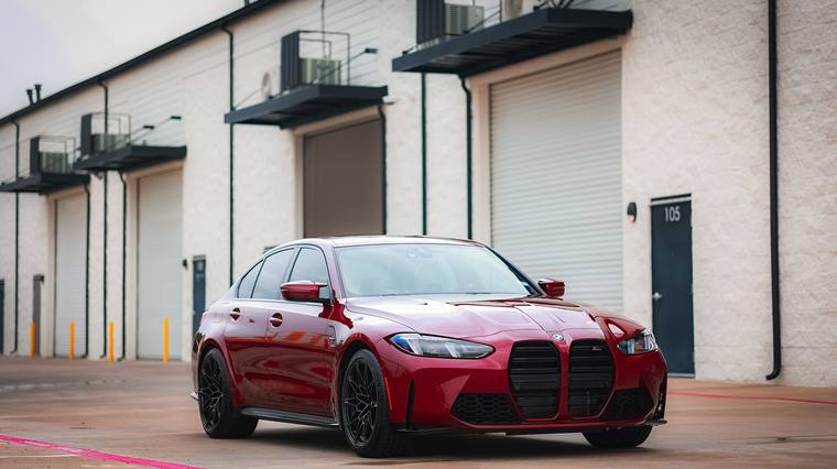 Aventurin Red BMW M3 G80 paint protection film, ceramic coating — front three quarter at Humble Crew Auto Spa, Plano TX