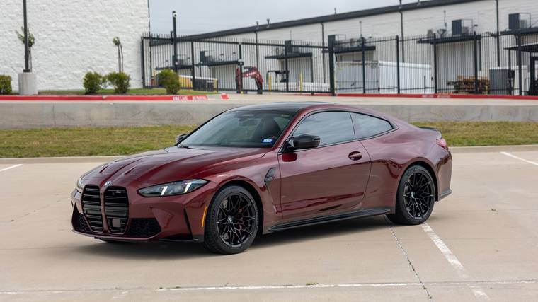 Aventurin Red BMW M4 G82 Competition paint protection film, ceramic coating — wheels off front three quarter at Humble Crew Auto Spa, Plano TX