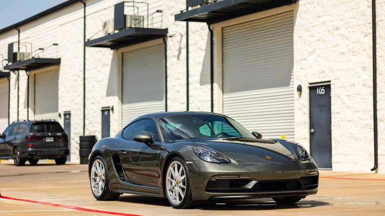 Aventurine Green Porsche 718 Cayman paint protection film, ceramic coating — front three quarter at Humble Crew Auto Spa, Plano TX