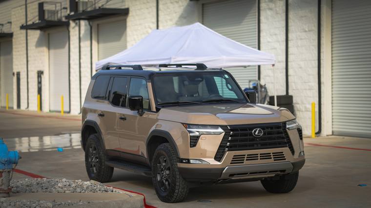 Beige Lexus GX 550 Overtrail paint protection film, ceramic coating — front three quarter at Humble Crew Auto Spa, Plano TX