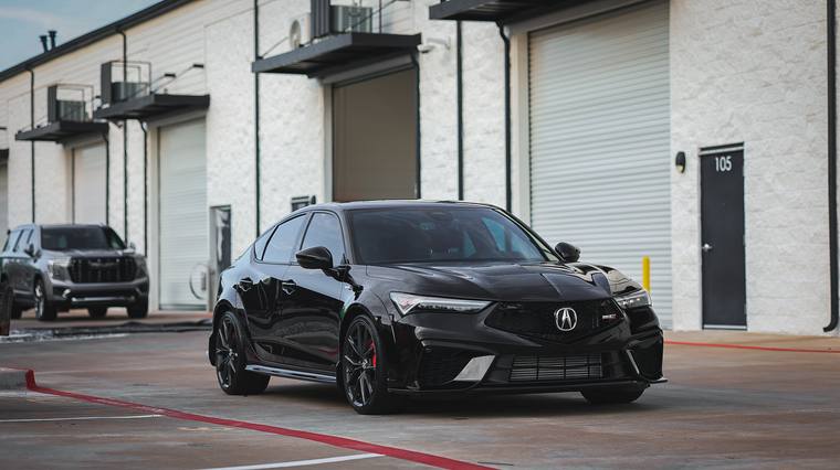 Black Acura Integra Type S paint protection film, ceramic coating — front three quarter at Humble Crew Auto Spa, Plano TX