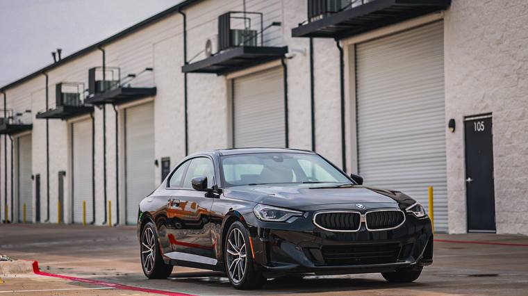 Black BMW 2 Series 230i paint protection film, ceramic coating — front three quarter at Humble Crew Auto Spa, Plano TX