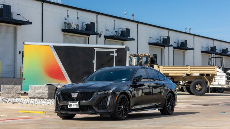 Black Cadillac CT5-V Blackwing paint protection film, ceramic coating — front three quarter at Humble Crew Auto Spa, Plano TX