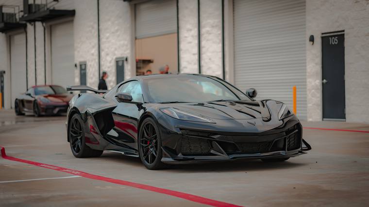 Black Chevrolet Corvette C8 Z06 paint protection film, ceramic coating — front three quarter at Humble Crew Auto Spa, Plano TX