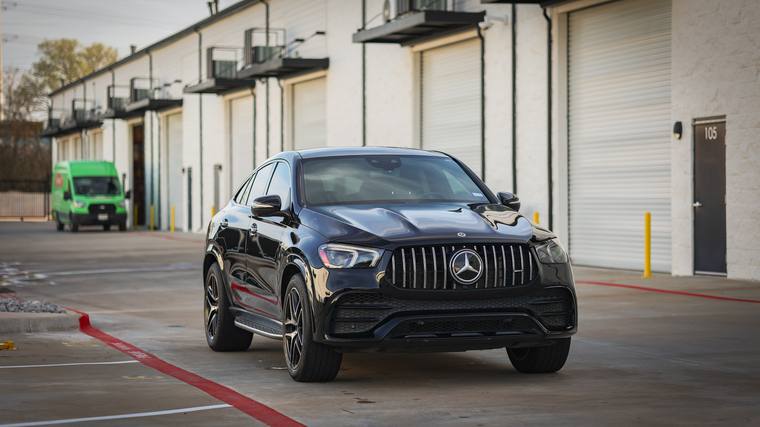 Black Mercedes-AMG GLE 53 Coupe paint protection film, ceramic coating — front three quarter at Humble Crew Auto Spa, Plano TX