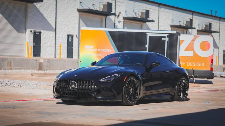 Black Mercedes-AMG GT 55 paint protection film, ceramic coating — front three quarter at Humble Crew Auto Spa, Plano TX