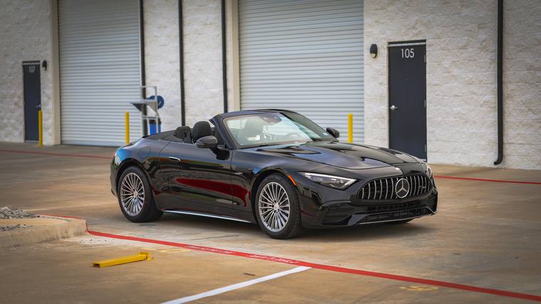 Black Mercedes-AMG SL 43 Roadster paint protection film, ceramic coating — front three quarter at Humble Crew Auto Spa, Plano TX