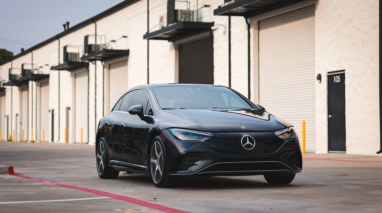 Black Mercedes-Benz EQE 350 paint protection film, ceramic coating — front three quarter at Humble Crew Auto Spa, Plano TX
