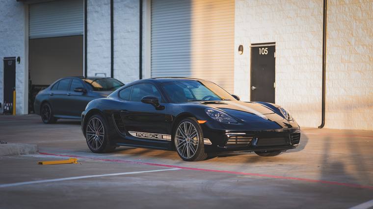 Black Porsche 718 Cayman Style Edition paint protection film, ceramic coating — front three quarter at Humble Crew Auto Spa, Plano TX