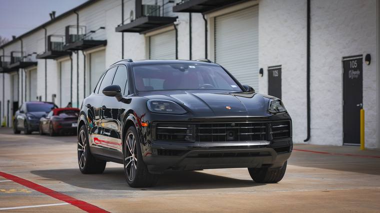 Black Porsche Cayenne paint protection film, ceramic coating — front three quarter at Humble Crew Auto Spa, Plano TX