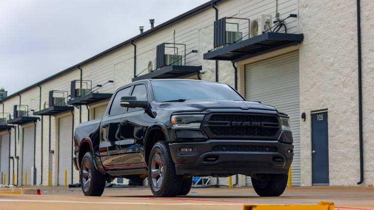 Black Ram 1500 Big Horn Night Edition ceramic coating, paint correction — front three quarter at Humble Crew Auto Spa, Plano TX