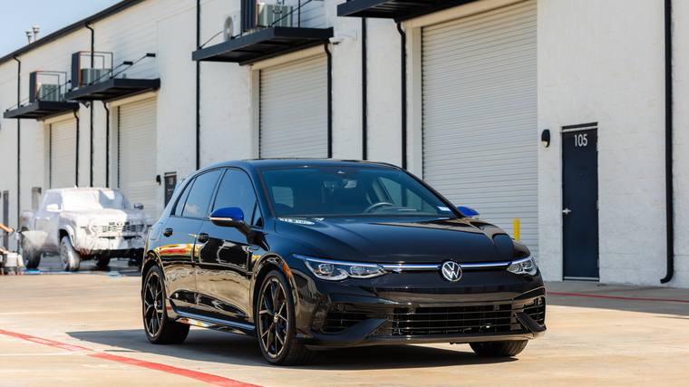 Black Volkswagen Golf R MK8 paint protection film, ceramic coating — front three quarter at Humble Crew Auto Spa, Plano TX