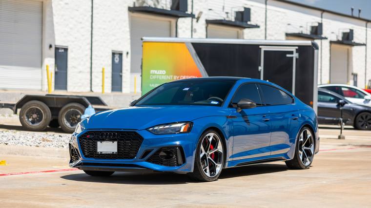Blue Audi RS5 Sportback ceramic coating, paint correction — front three quarter at Humble Crew Auto Spa, Plano TX