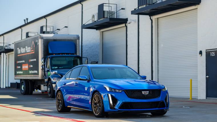 Blue Cadillac CT4-V Blackwing paint protection film, ceramic coating — front three quarter at Humble Crew Auto Spa, Plano TX