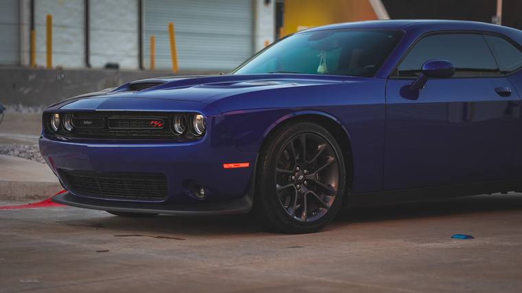Blue Dodge Challenger RT Scat Pack paint protection film, ceramic coating — front three quarter at Humble Crew Auto Spa, Plano TX