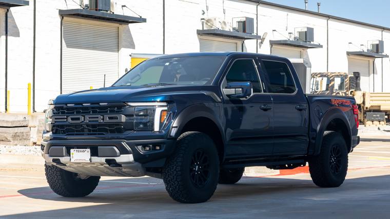 Blue Ford F-150 Raptor paint protection film, ceramic coating — front three quarter at Humble Crew Auto Spa, Plano TX