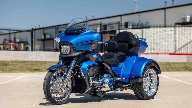 Blue Harley-Davidson CVO Tri Glide paint protection film, ceramic coating — front three quarter at Humble Crew Auto Spa, Plano TX