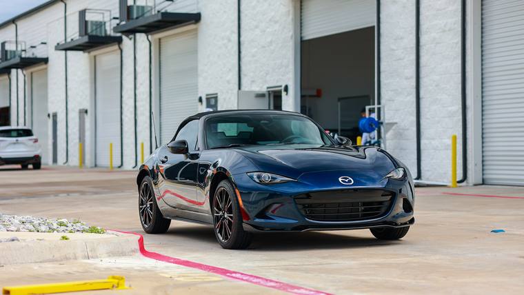 Blue Mazda MX-5 Miata Club paint protection film — front three quarter at Humble Crew Auto Spa, Plano TX