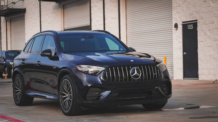 Blue Mercedes-AMG GLC 43 paint protection film, ceramic coating — front three quarter at Humble Crew Auto Spa, Plano TX