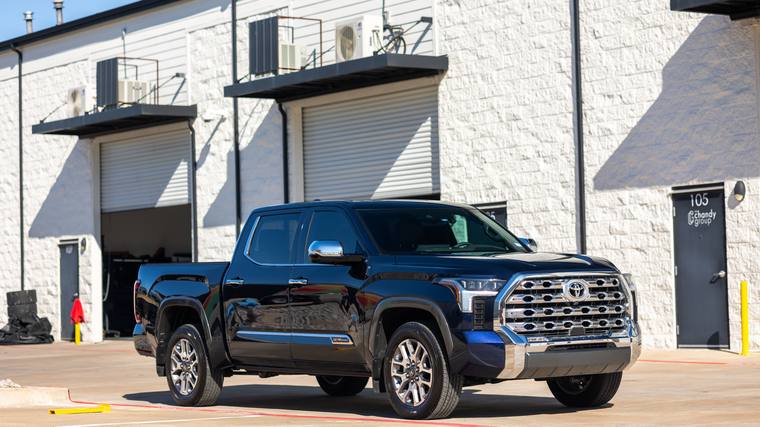 Blue Toyota Tundra 1794 Edition paint protection film — front three quarter at Humble Crew Auto Spa, Plano TX