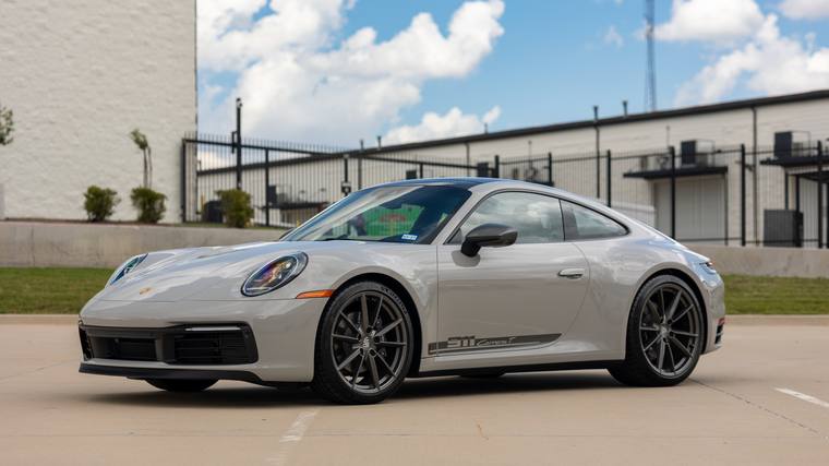 Chalk Porsche 911 992 Carrera T paint protection film, ceramic coating, paint correction — front three quarter at Humble Crew Auto Spa, Plano TX