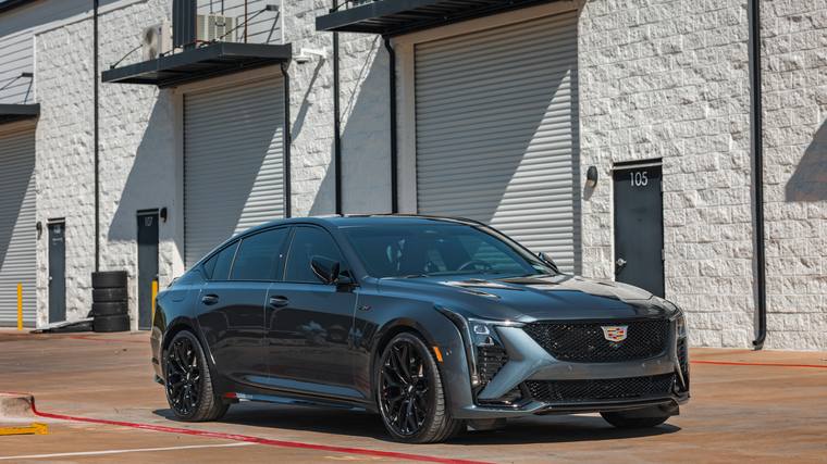 Gray Cadillac CT5-V paint protection film, ceramic coating — front three quarter at Humble Crew Auto Spa, Plano TX