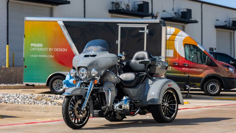 Gray Harley-Davidson Tri Glide Ultra paint protection film, ceramic coating — front three quarter at Humble Crew Auto Spa, Plano TX