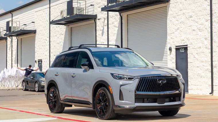 Gray Infiniti QX60 Sport ceramic coating — front three quarter at Humble Crew Auto Spa, Plano TX