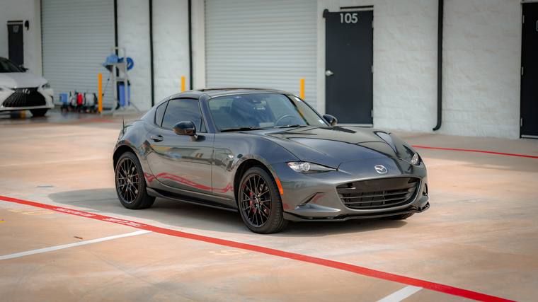 Gray Mazda MX-5 Miata RF Club paint protection film, ceramic coating — front three quarter at Humble Crew Auto Spa, Plano TX