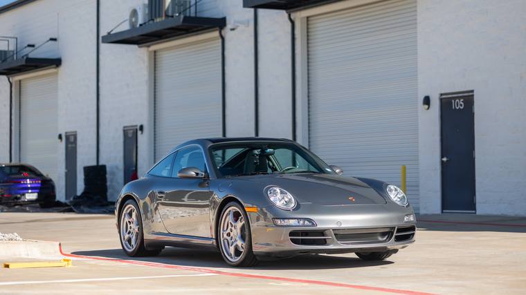 Gray Porsche 911 997 Targa 4S paint protection film, ceramic coating — front three quarter at Humble Crew Auto Spa, Plano TX