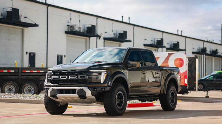 Green Ford F-150 Raptor paint protection film, ceramic coating — front three quarter at Humble Crew Auto Spa, Plano TX