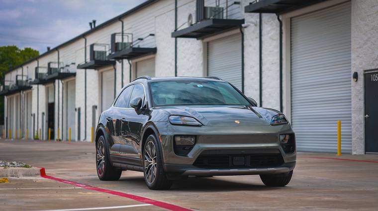 Green Porsche Macan 4S Electric paint protection film, ceramic coating — front three quarter at Humble Crew Auto Spa, Plano TX