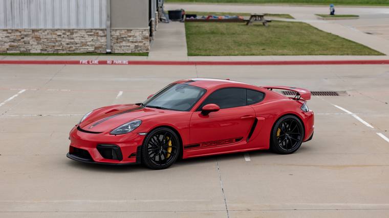 Guards Red Porsche 718 Cayman GT4 paint protection film, ceramic coating — front three quarter at Humble Crew Auto Spa, Plano TX