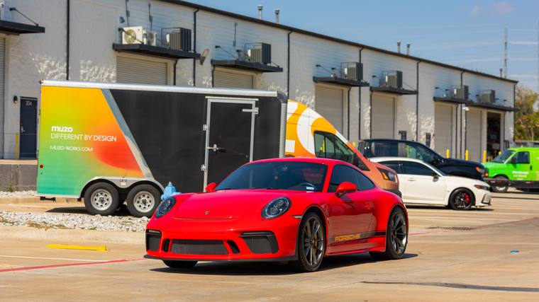 Guards Red Porsche 911 991.2 GT3 Touring window tint — front three quarter at Humble Crew Auto Spa, Plano TX