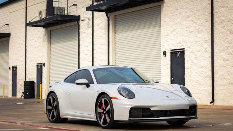 Ice Gray Porsche 911 992.2 Carrera S paint protection film — front three quarter at Humble Crew Auto Spa, Plano TX