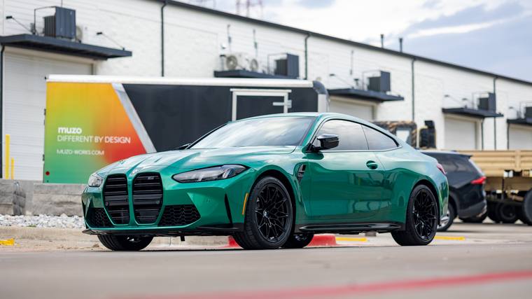 Isle of Man Green BMW M4 G82 Competition ceramic coating — front three quarter at Humble Crew Auto Spa, Plano TX