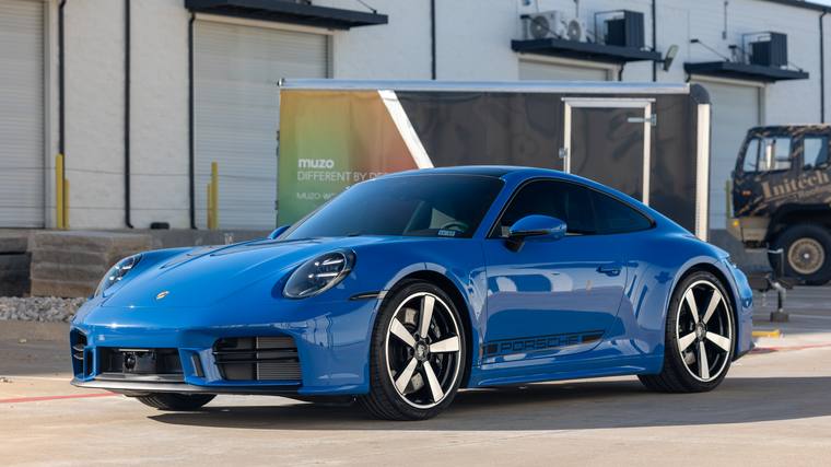 Lugano Blue Porsche 911 992.2 Carrera S ceramic coating, paint correction — front three quarter at Humble Crew Auto Spa, Plano TX
