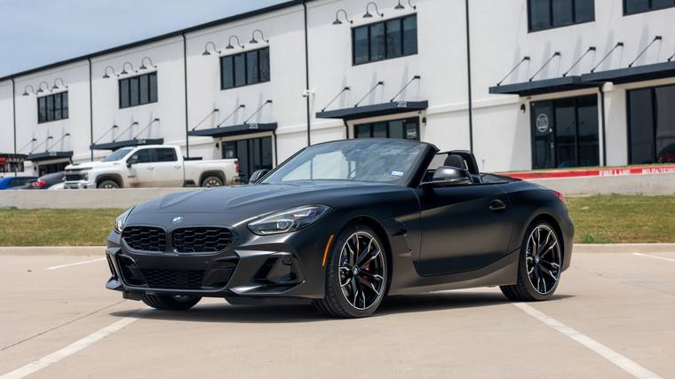 Matte Black BMW Z4 M40i Final Edition paint protection film, ceramic coating — after front three quarter at Humble Crew Auto Spa, Plano TX