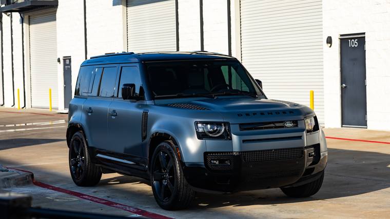 Matte Blue Land Rover Defender 110 X paint protection film — front three quarter at Humble Crew Auto Spa, Plano TX