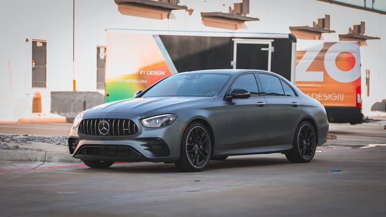 Matte Gray Mercedes-AMG E 53 paint protection film, ceramic coating — front three quarter at Humble Crew Auto Spa, Plano TX
