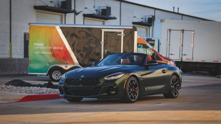 Matte Green BMW Z4 M40i paint protection film — front three quarter wide at Humble Crew Auto Spa, Plano TX