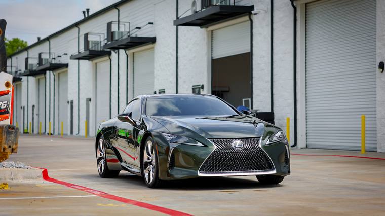 Nori Green Lexus LC 500 paint protection film — front three quarter at Humble Crew Auto Spa, Plano TX