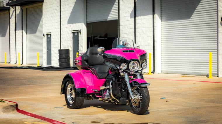 Pink Harley-Davidson Tri Glide Ultra paint protection film, ceramic coating — front three quarter at Humble Crew Auto Spa, Plano TX