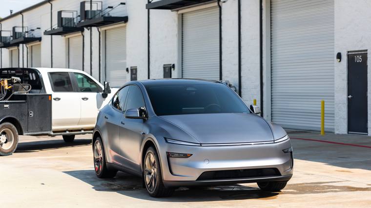 Quicksilver Tesla Model Y Juniper Matte paint protection film — front three quarter at Humble Crew Auto Spa, Plano TX