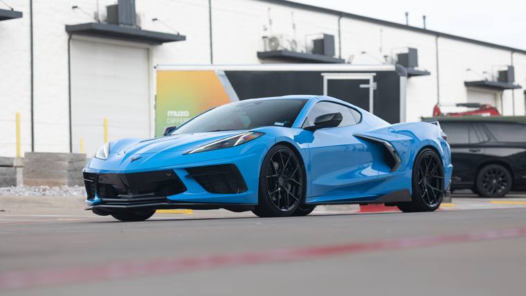 Rapid Blue Chevrolet Corvette C8 Stingray paint protection film, ceramic coating, paint correction — front three quarter at Humble Crew Auto Spa, Plano TX