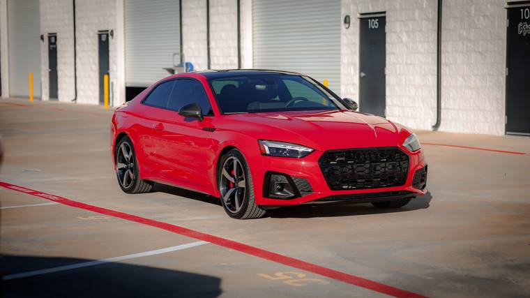 Red Audi A5 Coupe paint protection film, ceramic coating — front three quarter at Humble Crew Auto Spa, Plano TX