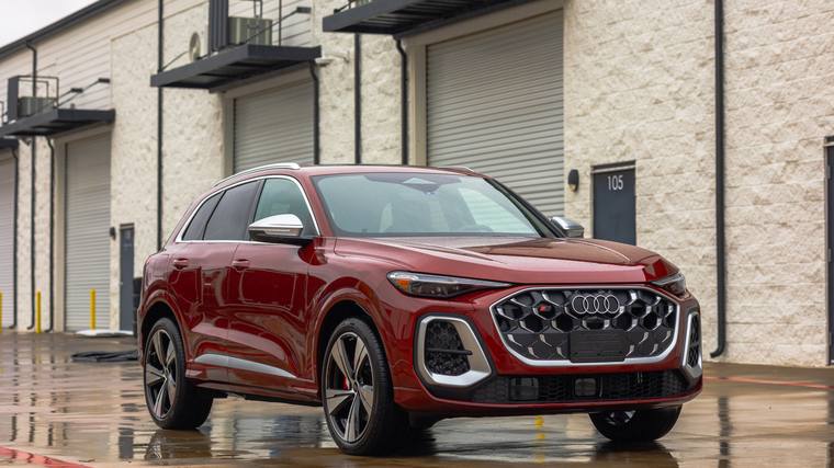 Red Audi SQ5 paint protection film, ceramic coating — front three quarter at Humble Crew Auto Spa, Plano TX